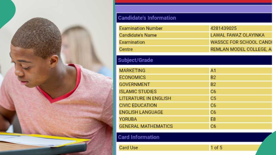 WAEC result for Lawal Fawaz Olyinka.