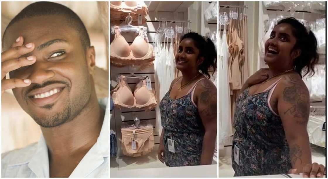 Shy black man goes to buy bra in shop manned by Danish girl. Shy black man goes to buy bra in shop manned by Danish girl.