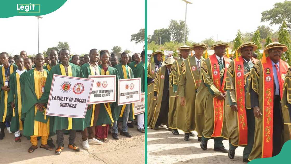 Nigeria Army University students standing in rows (L). Nigeria Army University officials dressed in formal academic regalia (R)