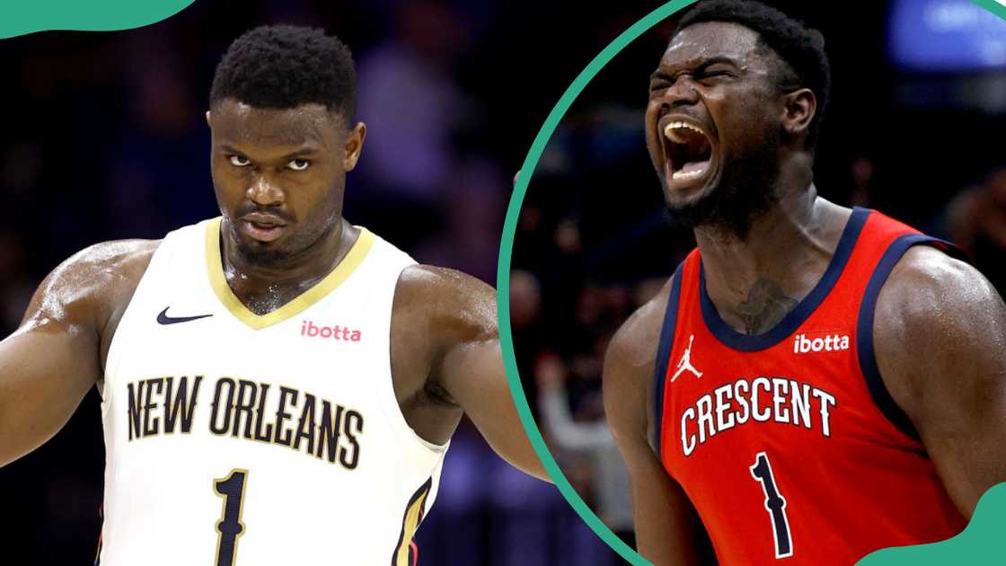 Zion Williamson reacts during the second quarter against the Philadelphia 76ers and after dunking the ball Zion Williamson reacts during the second quarter against the Philadelphia 76ers and after dunking the ball