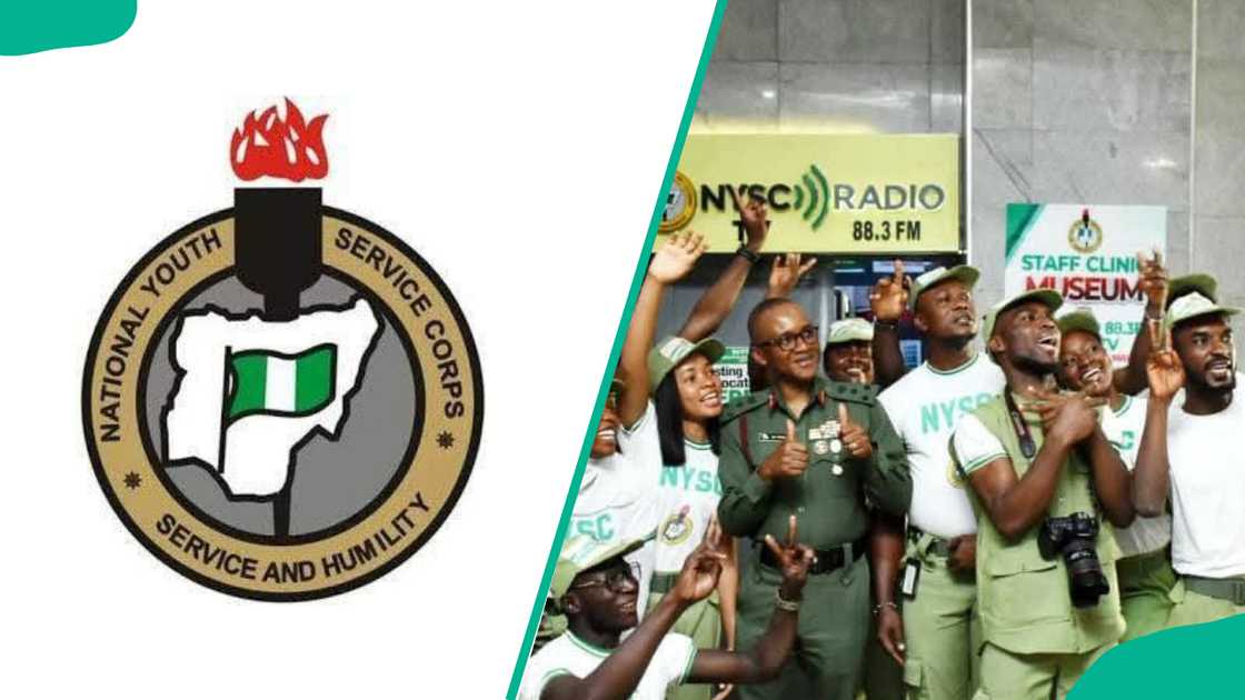 The National Youth Service Corps logo and corps members celebrating The National Youth Service Corps logo and corps members celebrating