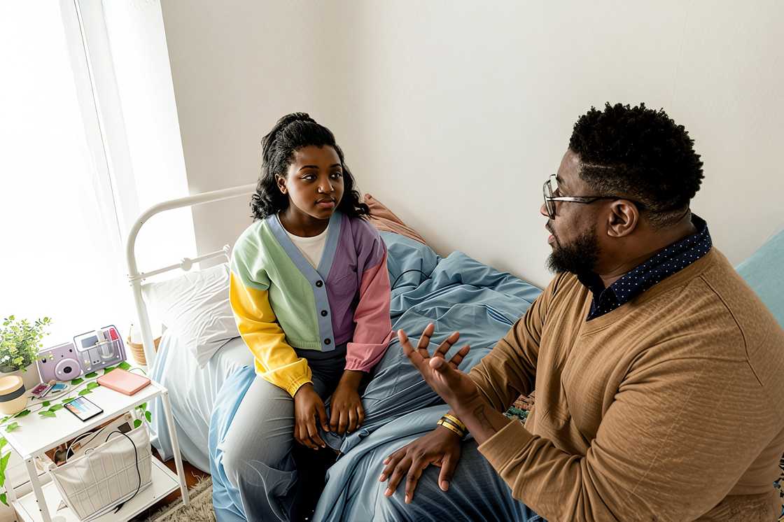 Father and daughter are discussing Father and daughter are discussing