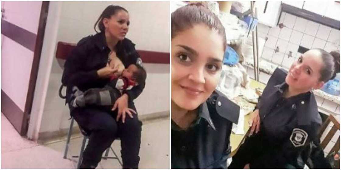 Pretty female police officer breastfeeds crying baby that was abandoned Pretty female police officer breastfeeds crying baby that was abandoned