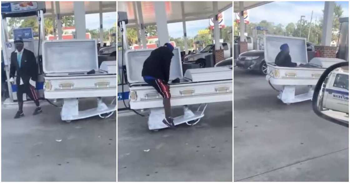 Coffin-themed car, coffin car, filling station, video of man driving coffin Coffin-themed car, coffin car, filling station, video of man driving coffin