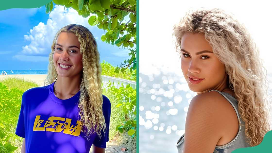 Zoe Taylor poses in a blue LSU T-shirt outdoor (L). Mason Taylor's sister poses on the beach (R) Zoe Taylor poses in a blue LSU T-shirt outdoor (L). Mason Taylor's sister poses on the beach (R)