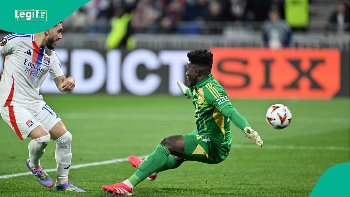 Rayan Cherki, Andre Onana, Manchester United, Olympique Lyon, Groupama Stadium, Lyon, France, UEFA Europa League Rayan Cherki, Andre Onana, Manchester United, Olympique Lyon, Groupama Stadium, Lyon, France, UEFA Europa League