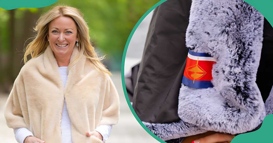 Tracy Slocum walks wrapped in a Pretty Rugged blanket. A fluffy grey and black, Pretty Rugged blanket.