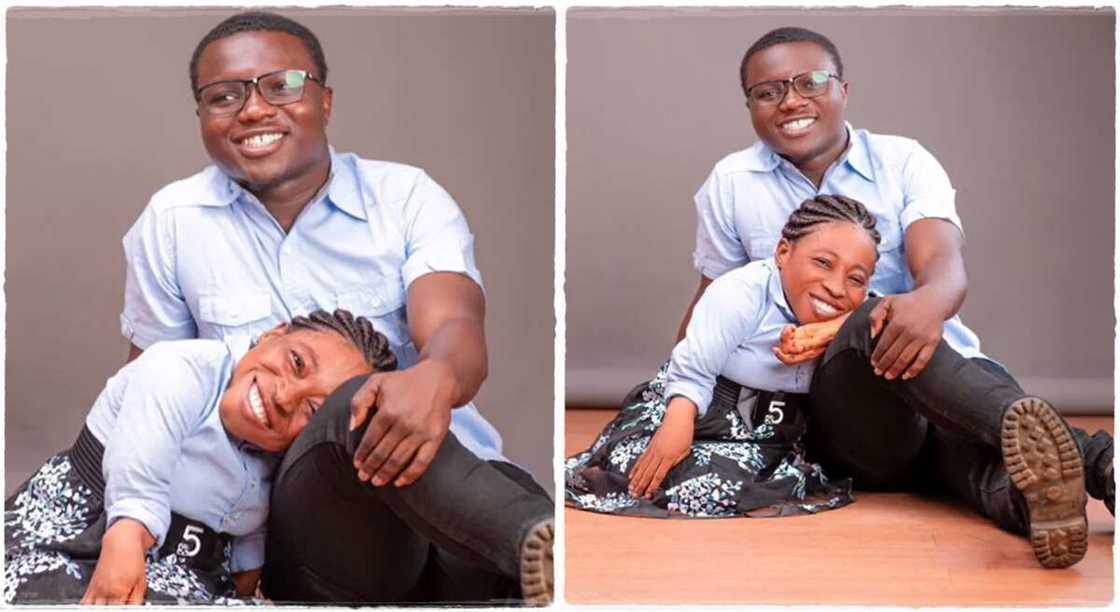 Man and small lady pose in photographs. Man and small lady pose in photographs.