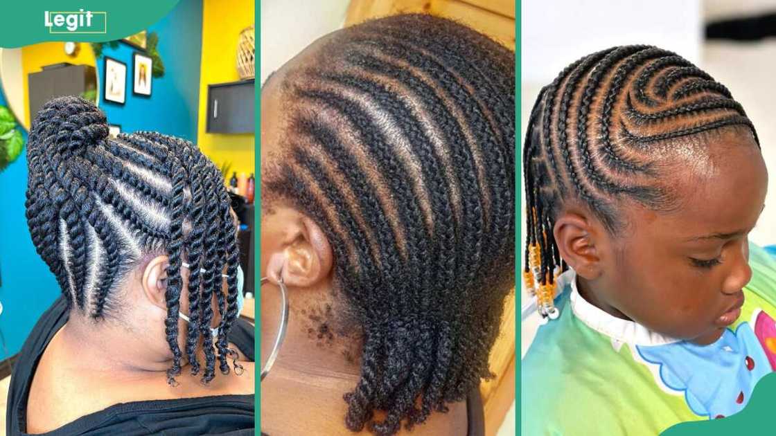 Weaving hairstyles: Flat updo twists (L), medium laidback cornrows (C) and side-styled cornrows for kids (R)