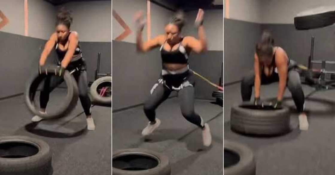 Lady trains vigorously at gym, gym session Lady trains vigorously at gym, gym session