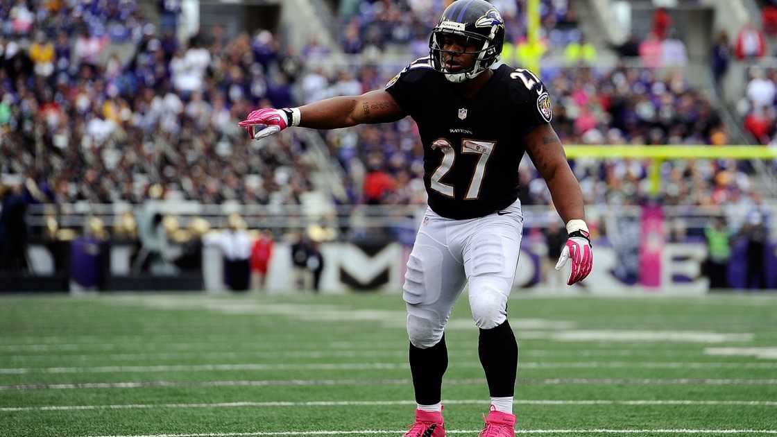 Ray Rice of the Baltimore Ravens gestures during a match