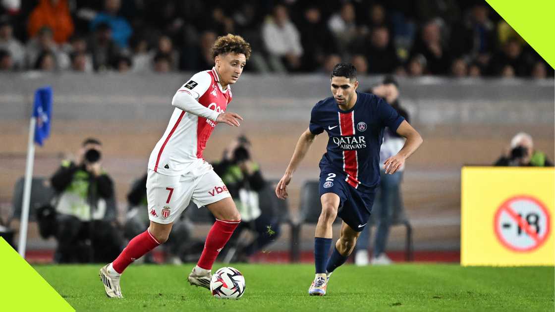 Ilyas Ben Seghir, Achraf Hakimi, Paris Saint-Germain, Monaco, Stade Louis II, Principality of Monaco, France, Ligue 1. Ilyas Ben Seghir, Achraf Hakimi, Paris Saint-Germain, Monaco, Stade Louis II, Principality of Monaco, France, Ligue 1.