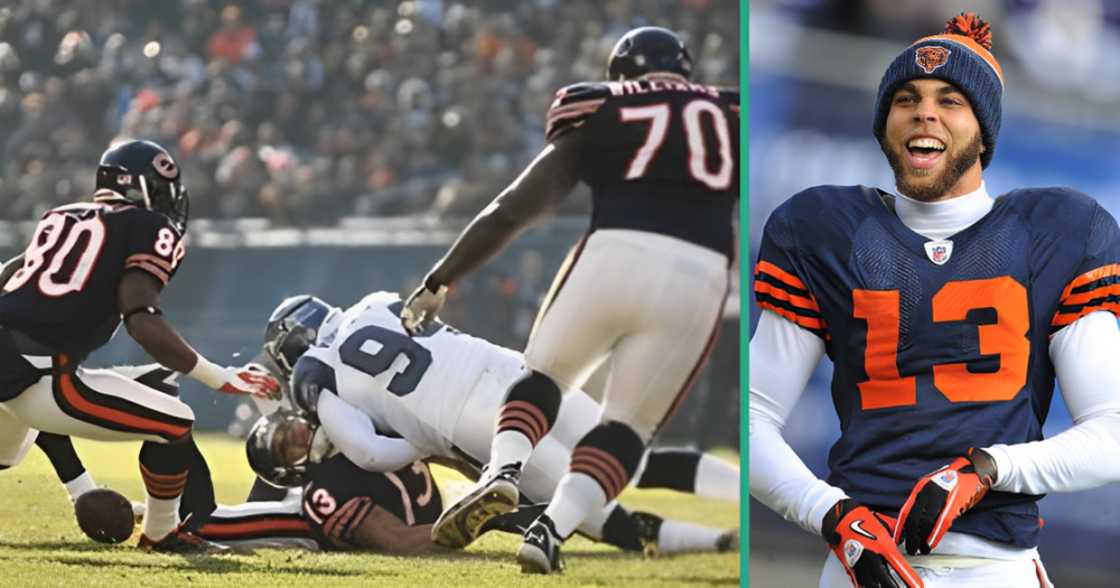 Johnny Knox of the Chicago Bears on the ground during a fumble pile. The footballer smiles, standing before a game.