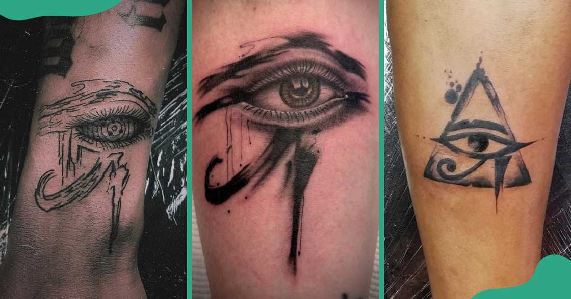 Eye of Horus tattoo designs made with brush strokes on the arms.