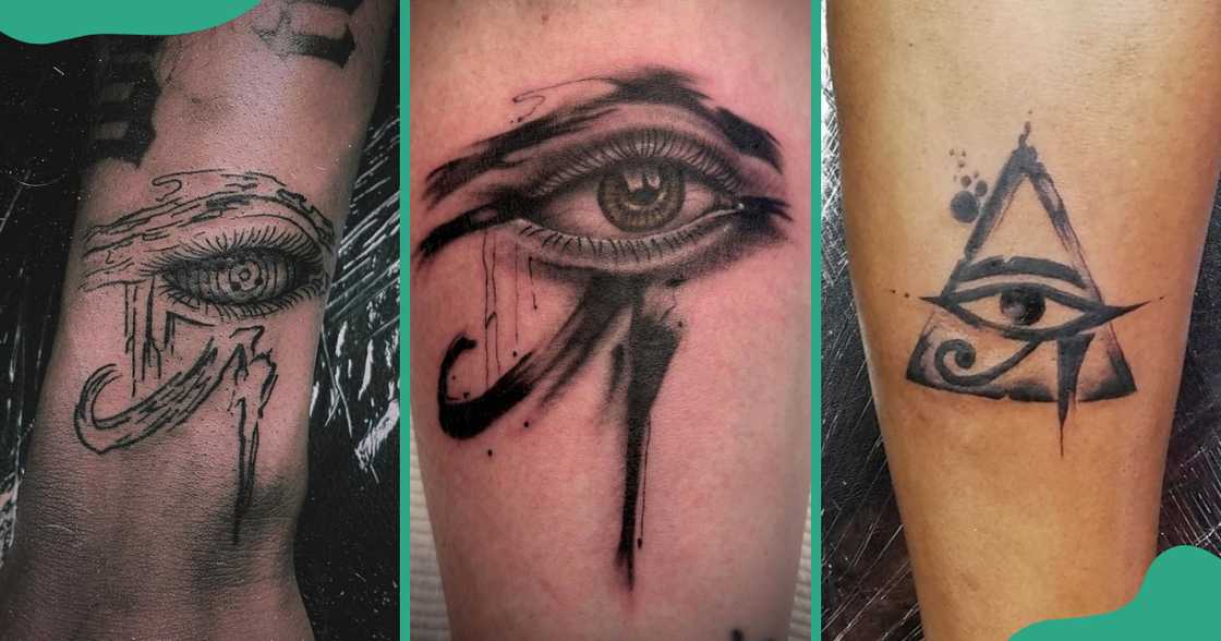 Eye of Horus tattoo designs made with brush strokes on the arms. Eye of Horus tattoo designs made with brush strokes on the arms.