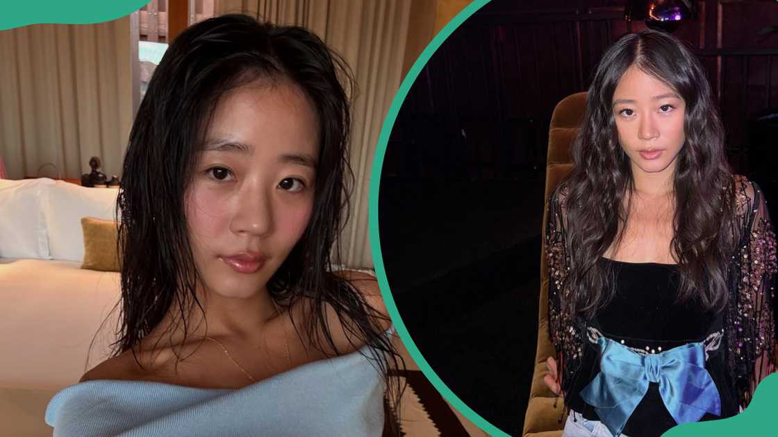 Evelyn Ha in a blue dress and a black top with a blue bow.