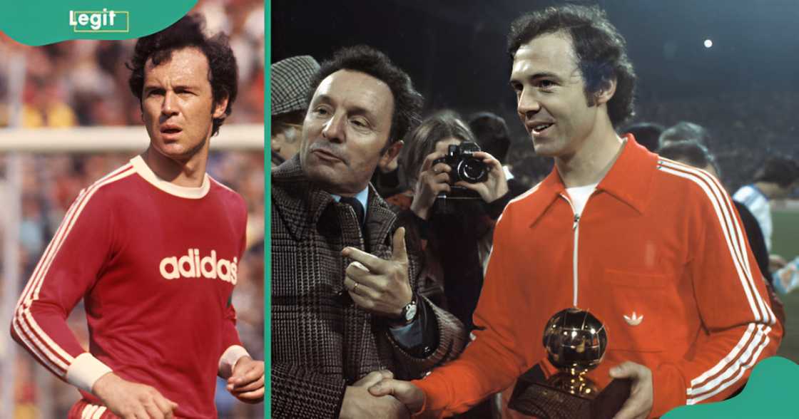 Franz Beckenbauer of FC Bayern Munich is pictured running on a football field during a match (L). The footballer acknowledges fans while holding his Ballon d'Or award on a field (R).