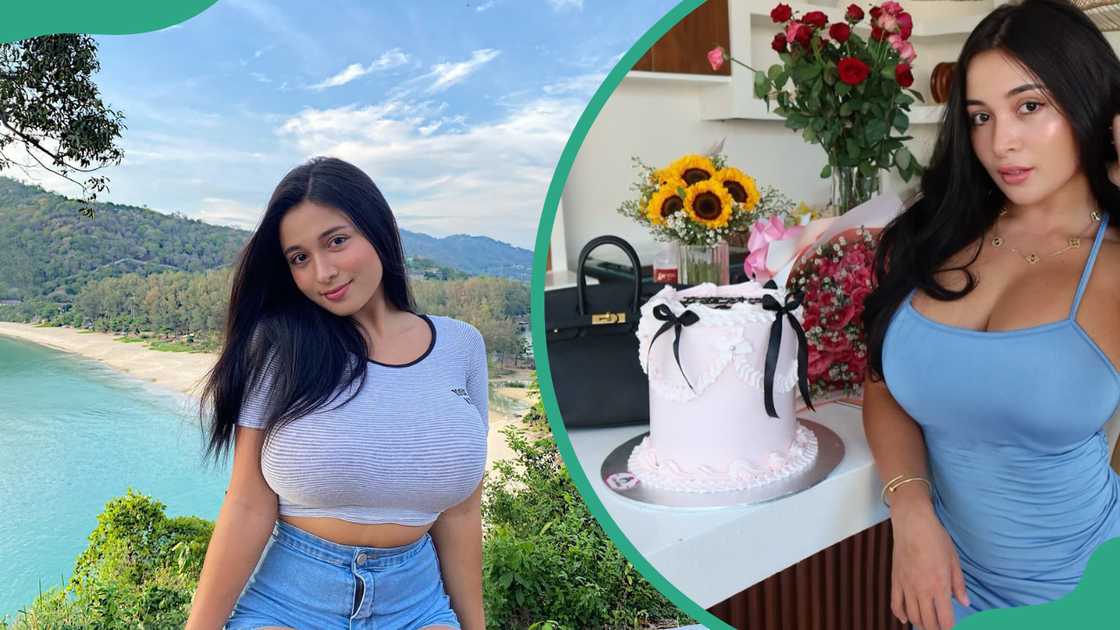 Pandora Kaaki poses in a crop top and denim shorts and in a blue dress