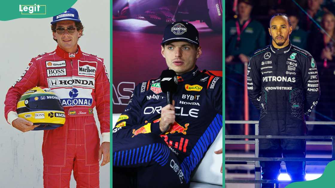 Ayrton Senna (L), Max Verstappen (C) and Lewis Hamilton (R)