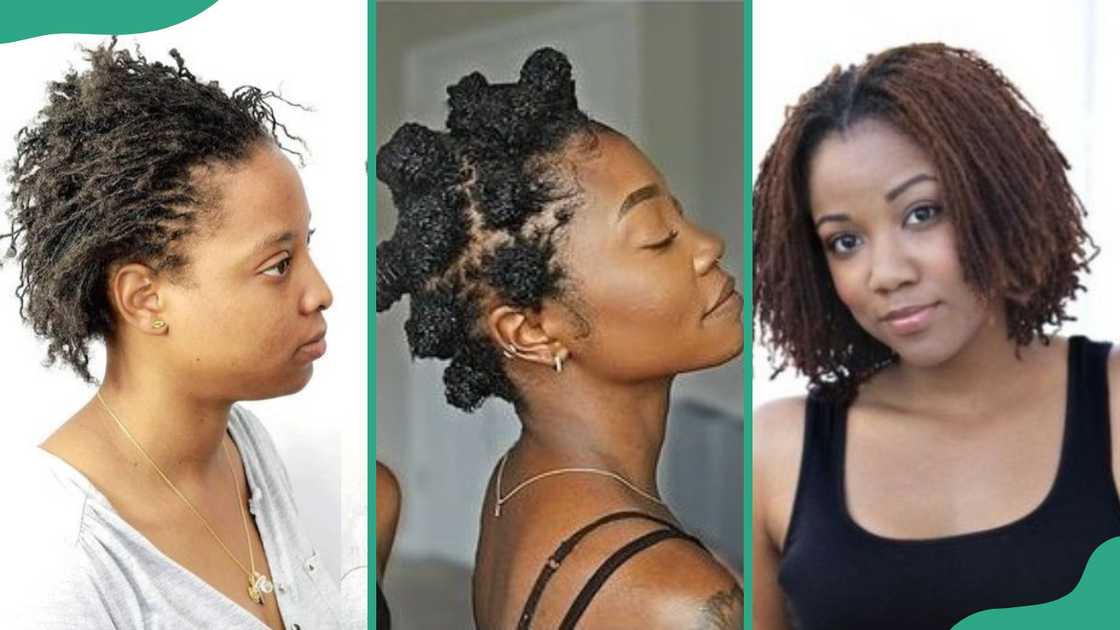 Wild sisterlocks (L), Bantu knots (C), bob style (R) Wild sisterlocks (L), Bantu knots (C), bob style (R)