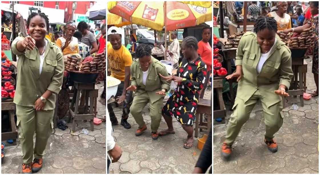 NYSC member dances Buga by Kizz Daniel inside a busy market.