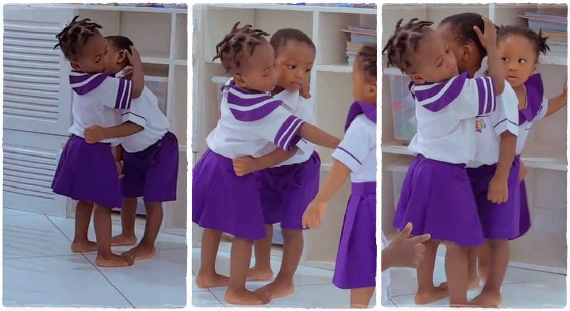 Photos of a little girl holding on to a boy. Photos of a little girl holding on to a boy.