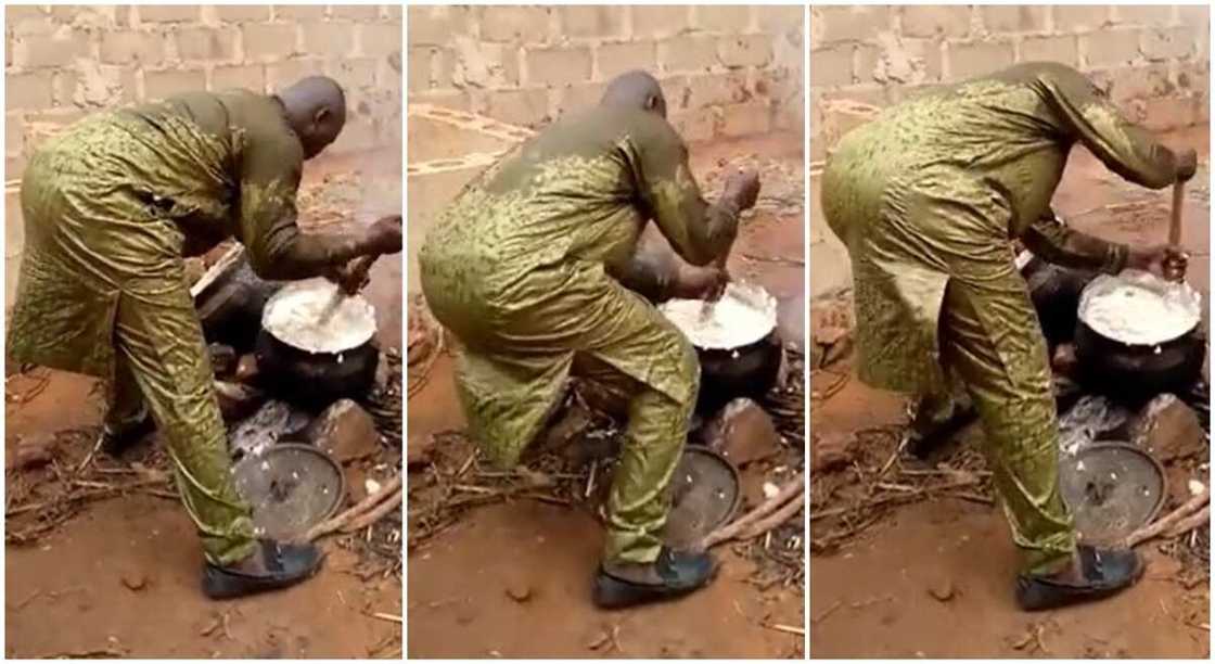 Photos of a man turning fufu and sweating. Photos of a man turning fufu and sweating.