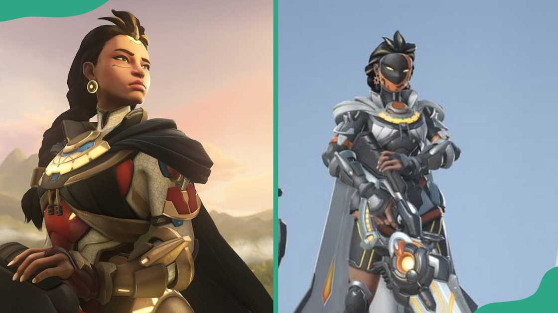Illari shines in sacred solar garb (L). Illari wields advanced tech with power (R). Illari shines in sacred solar garb (L). Illari wields advanced tech with power (R).