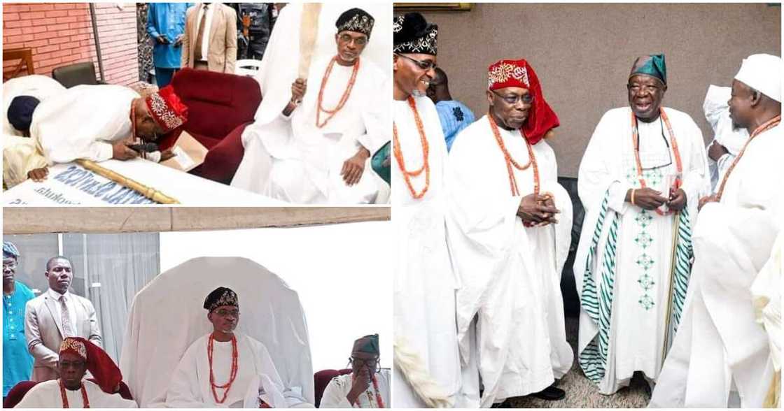 Former President Olusegun Obasanjo, Saka Matemilola Adelola, the new Olowu of Owu, Abeokuta, Ogun state