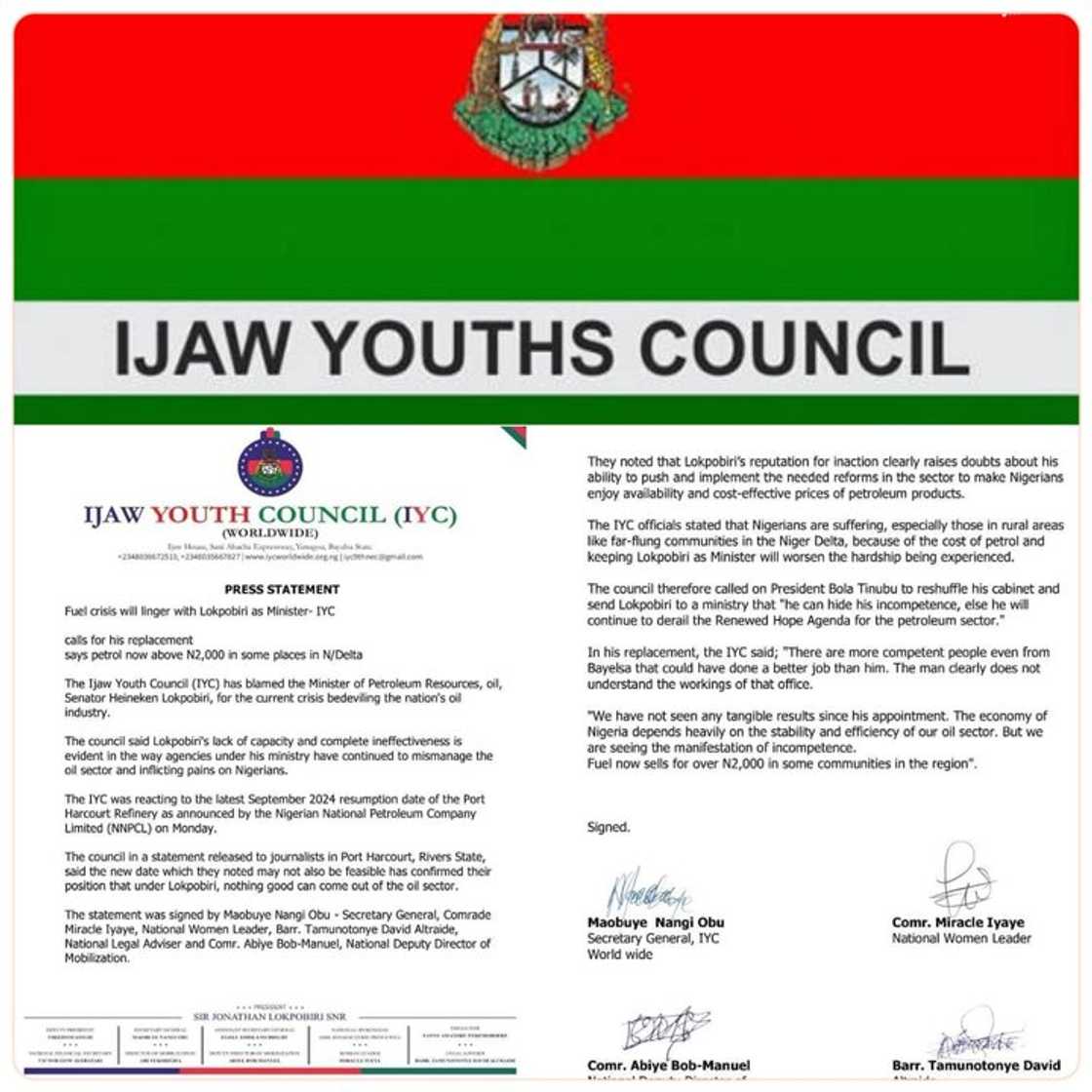 Ijaw youths want Heineken Lokpobiri out as junior minister of petroleum Ijaw youths want Heineken Lokpobiri out as junior minister of petroleum