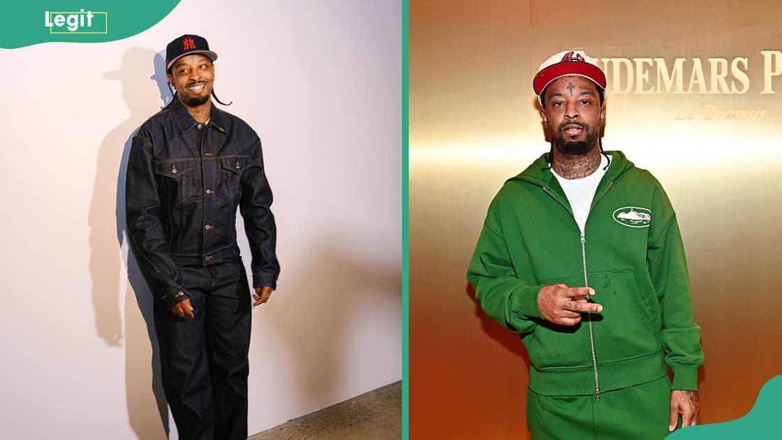 A split image of 21 Savage in a denim jacket and jeans and 21 Savage in a green zip-up tracksuit and red cap in front of an Audemars Piguet backdrop.