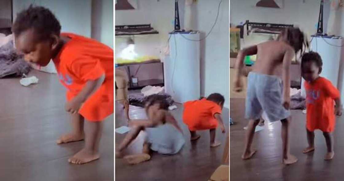 Funny children mimic their mother's pregnancy behaviour