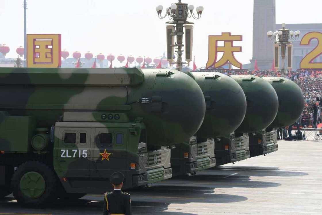 China's DF-41 nuclear-capable intercontinental ballistic missiles are seen during a military parade in Beijing on October 1, 2019 China's DF-41 nuclear-capable intercontinental ballistic missiles are seen during a military parade in Beijing on October 1, 2019