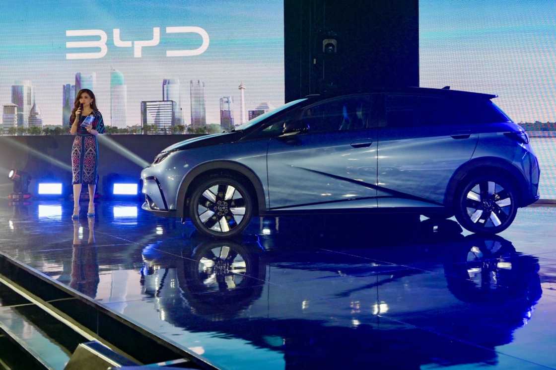 Newly launched BYD Dolphin is displayed during the launch of the Chinese-made BYD brand in Jakarta, on January 18, 2024 Newly launched BYD Dolphin is displayed during the launch of the Chinese-made BYD brand in Jakarta, on January 18, 2024