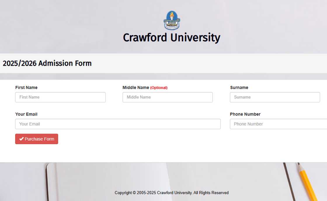 Crawford University application page.
