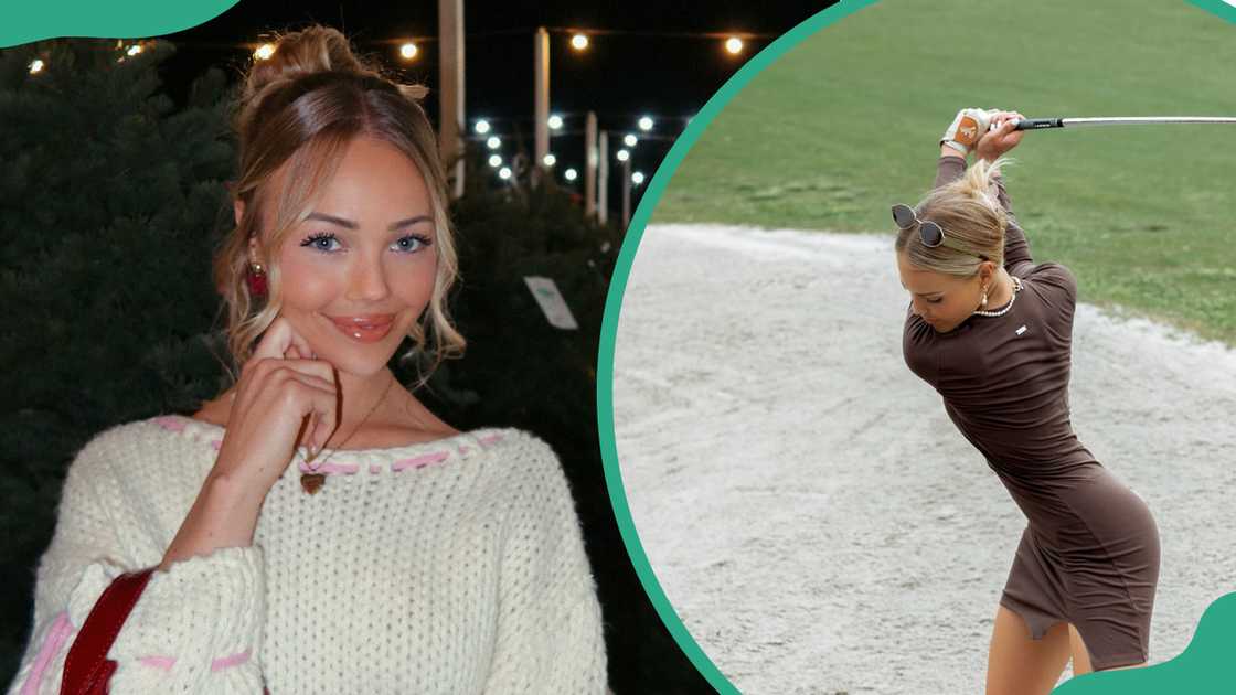 Claire Hogle wearing a light-coloured knitted sweater at night (L). Hogle swinging a golf club on a golf course (R)