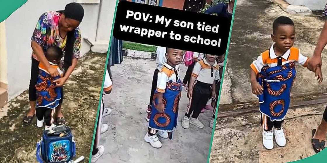 Watch funny video as Nigerian mum takes son to school clad in a wrapper