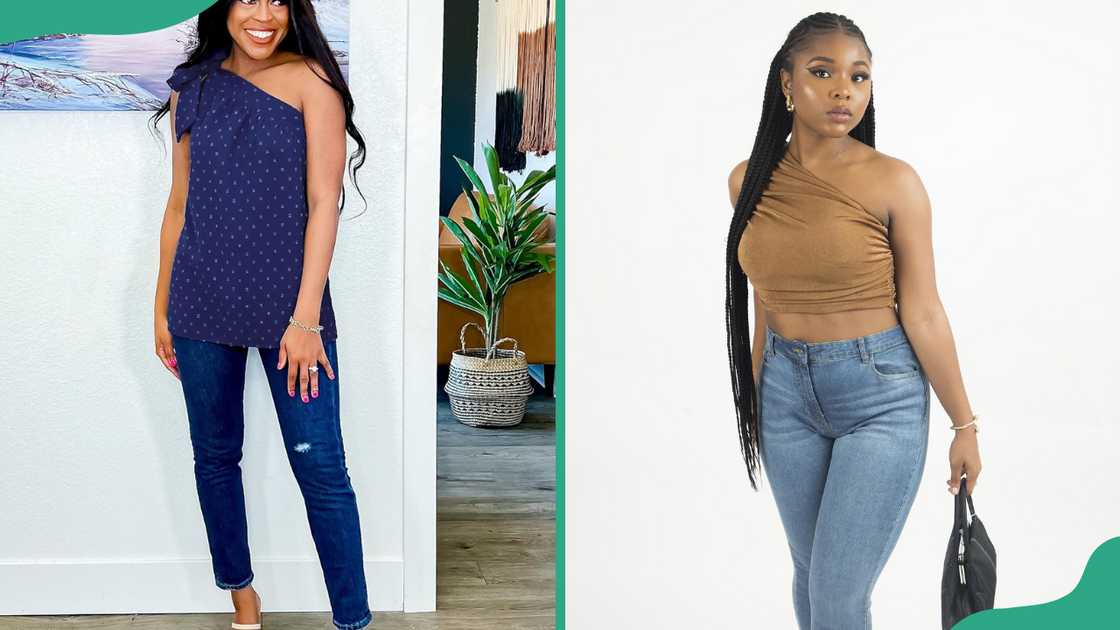 Ladies donning different colours of one shoulder organza tops Ladies donning different colours of one shoulder organza tops