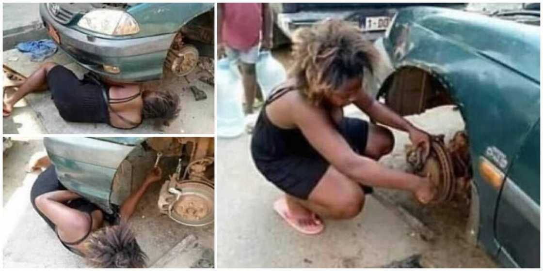 Lady Gets down to Fix Car Herself after it Developed Fault on the Road, Photos Cause Massive Stir Lady Gets down to Fix Car Herself after it Developed Fault on the Road, Photos Cause Massive Stir