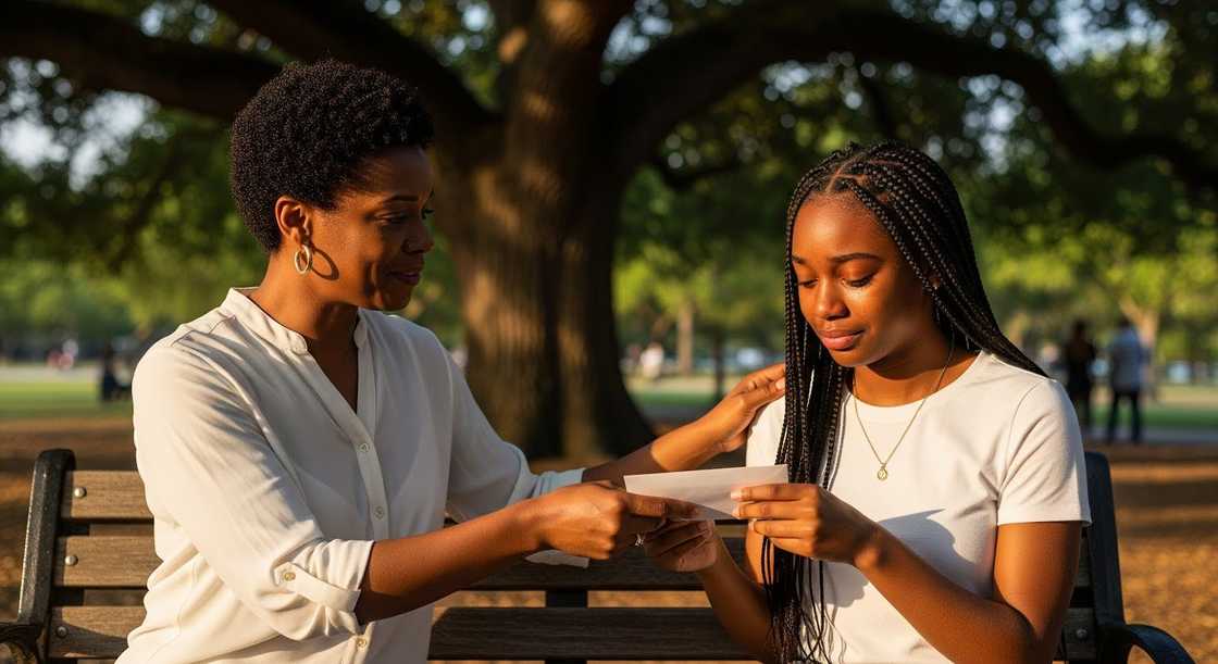 Lady recieving the letter at the park