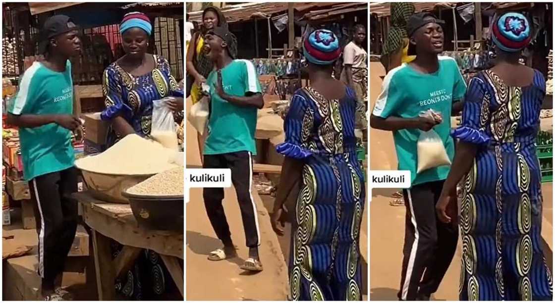 Photos of Nigerian man holding garri and standing with a woman selling garri in a Nigerian market. Photos of Nigerian man holding garri and standing with a woman selling garri in a Nigerian market.