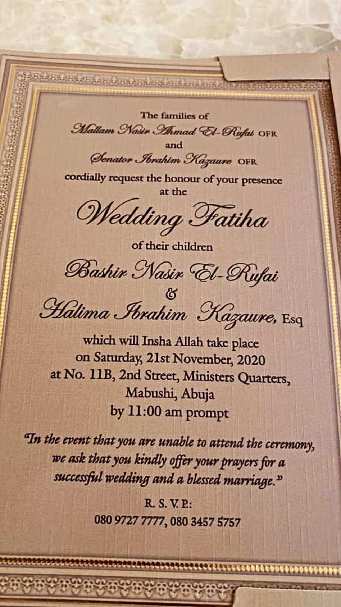 Katin gayyatar ɗaurin auren Bashir El-Rufai da Nwakaego ya fito Katin gayyatar ɗaurin auren Bashir El-Rufai da Nwakaego ya fito