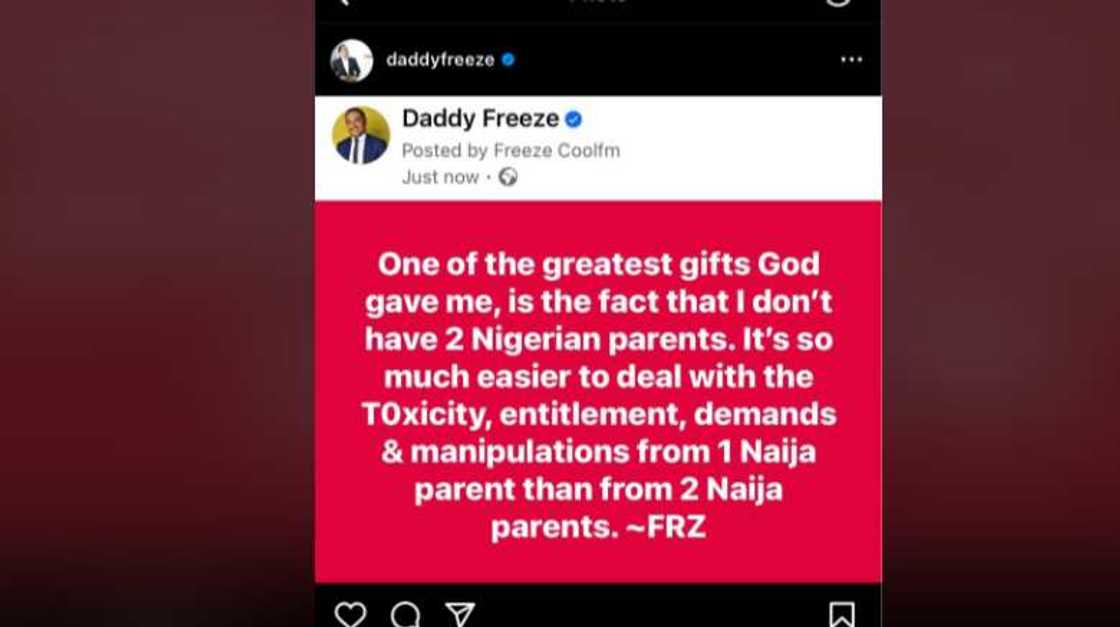 Daddy Freeze thanks God for not having two Nigerian parents. Daddy Freeze thanks God for not having two Nigerian parents.