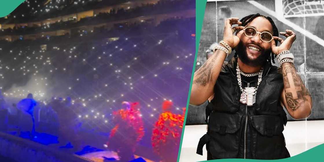 KCee performs at Rema's O2 Arena concert.