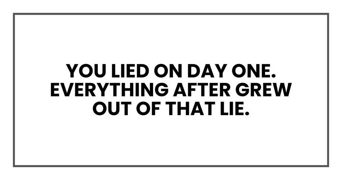 You lied on day one. Everything after grew out of that lie. You lied on day one. Everything after grew out of that lie.