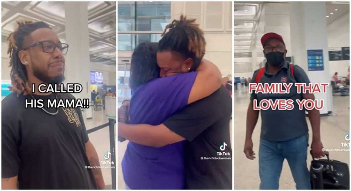Photos of a son reuniting with his parents. Photos of a son reuniting with his parents.