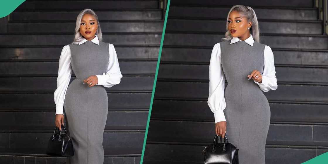 Veekee James stuns in grey and white outfit