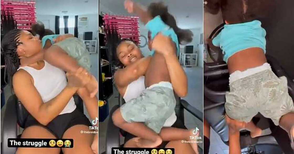 Hairdresser, salon, little girl cries at salon, fights hairdresser Hairdresser, salon, little girl cries at salon, fights hairdresser