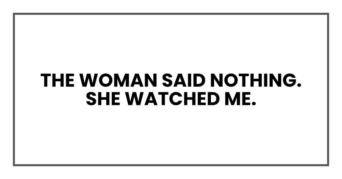 The woman said nothing. She watched me. The woman said nothing. She watched me.