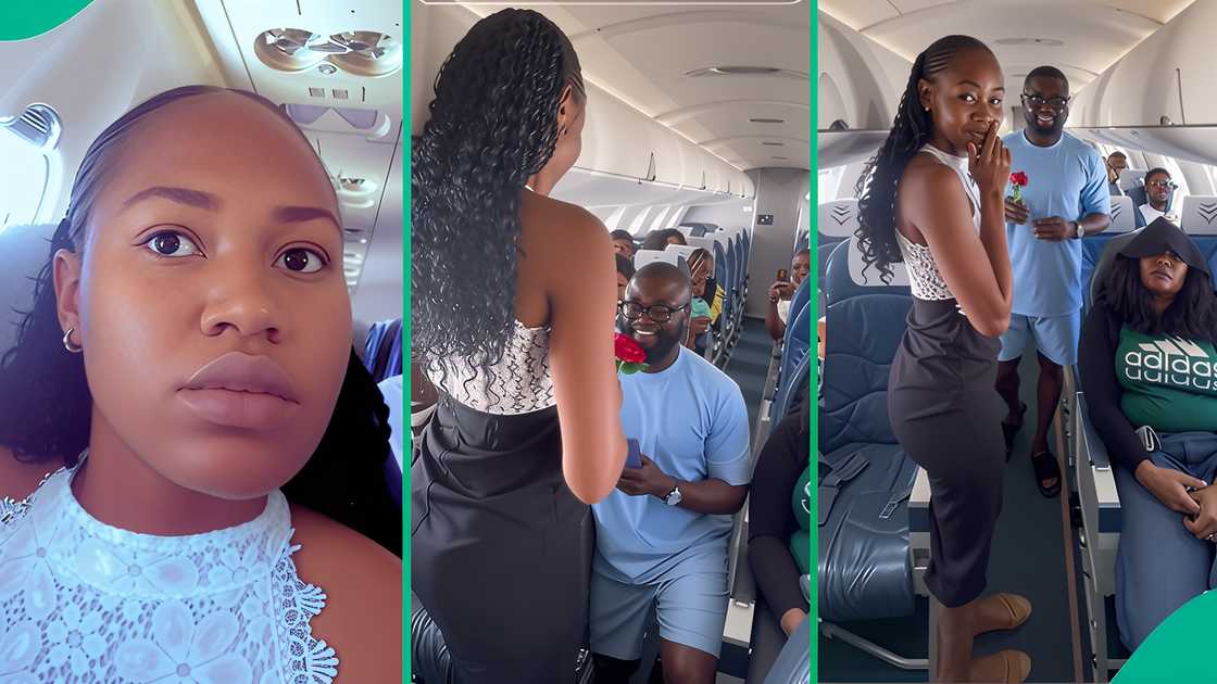 A lady celebrates as her boyfriend proposed to her during a flight on Ibom Air A lady celebrates as her boyfriend proposed to her during a flight on Ibom Air